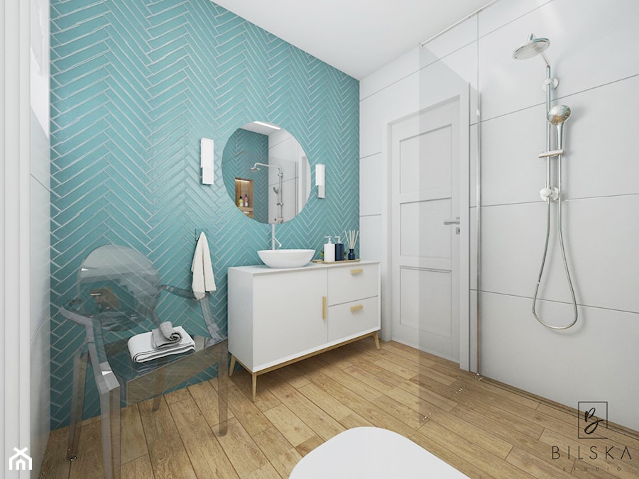 Projekt łazienki w Łowiczu - Średnia na poddaszu bez okna z lustrem łazienka - zdjęcie od Bilska studio