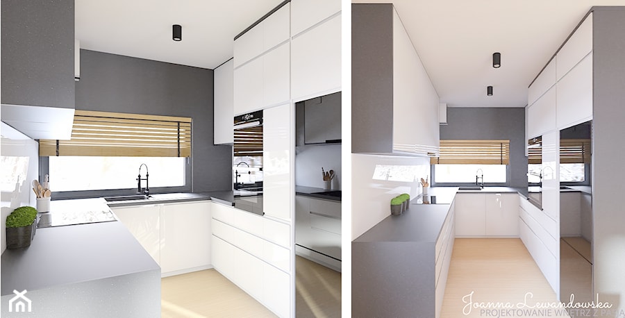 czarno biała kuchnia, nowoczesna minimalistyczna z czarnym blatem - zdjęcie od Projektowanie, aranżacja wnętrz Joanna Lewandowska