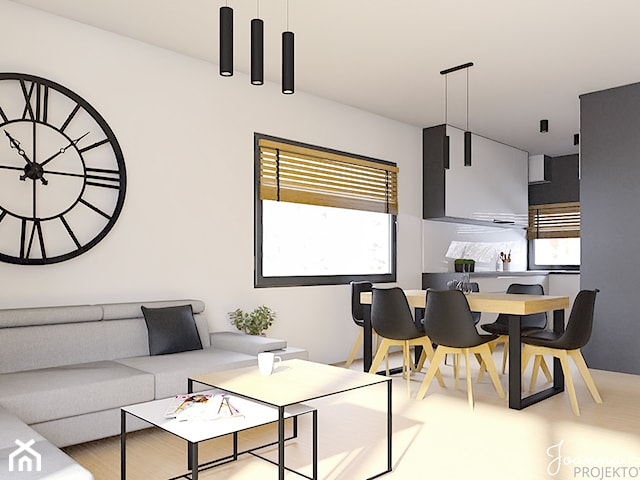 Minimalistyczny, nowoczesny salon z jadalnią i kuchnią, czarno biały z drewnem .