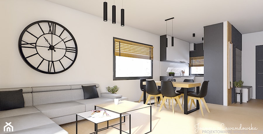 Nowoczesny minimalistyczny salon z jadalnią i kuchnią . Dom po Poznaniem - zdjęcie od Projektowanie, aranżacja wnętrz Joanna Lewandowska