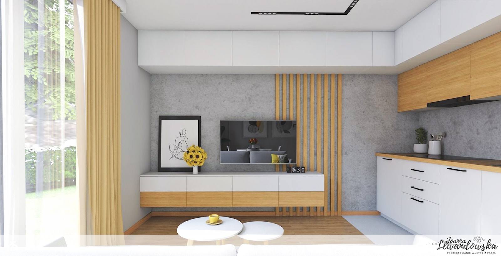 Salon z kuchnią i jadalnią na 18m2 - zdjęcie od Projektowanie, aranżacja wnętrz Joanna Lewandowska - Homebook