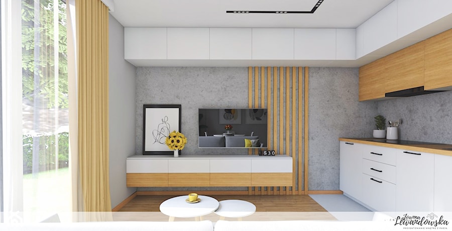 Salon z kuchnią i jadalnią na 18m2 - zdjęcie od Projektowanie, aranżacja wnętrz Joanna Lewandowska