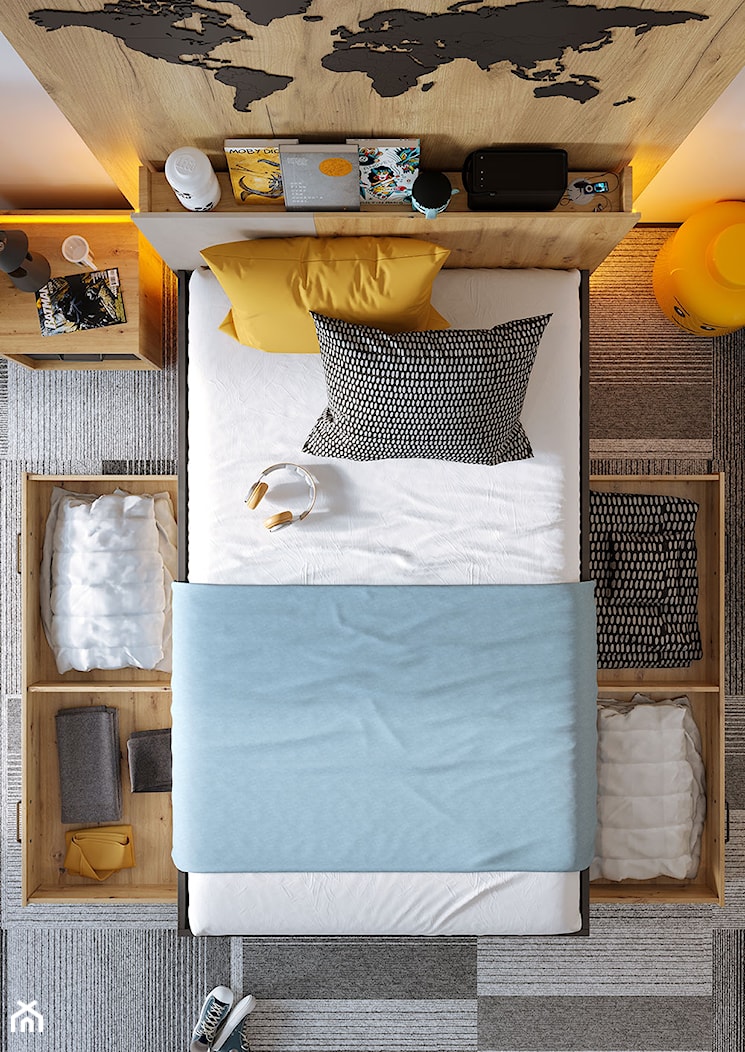 Kolekcja QUBIC - łóżko z dwiema szufladami, półką w zagłówku i ledowym oświetleniem - zdjęcie od Lenart - Homebook