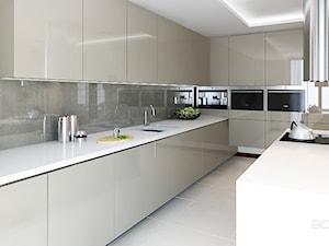 Kuchnie - Duża otwarta szara z zabudowaną lodówką z podblatowym zlewozmywakiem kuchnia z wyspą lub półwyspem, styl nowoczesny - zdjęcie od Add Design