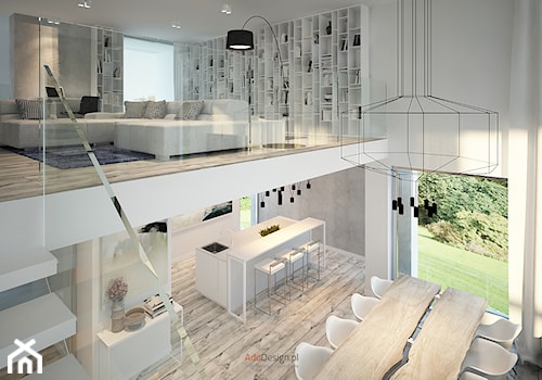 Dom 200 m2 - Duże w osobnym pomieszczeniu z sofą z zabudowanym biurkiem białe szare biuro, styl nowoczesny - zdjęcie od Add Design