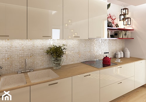 Kuchnie - Średnia beżowa biała z zabudowaną lodówką z podblatowym zlewozmywakiem kuchnia jednorzędowa, styl nowoczesny - zdjęcie od Add Design