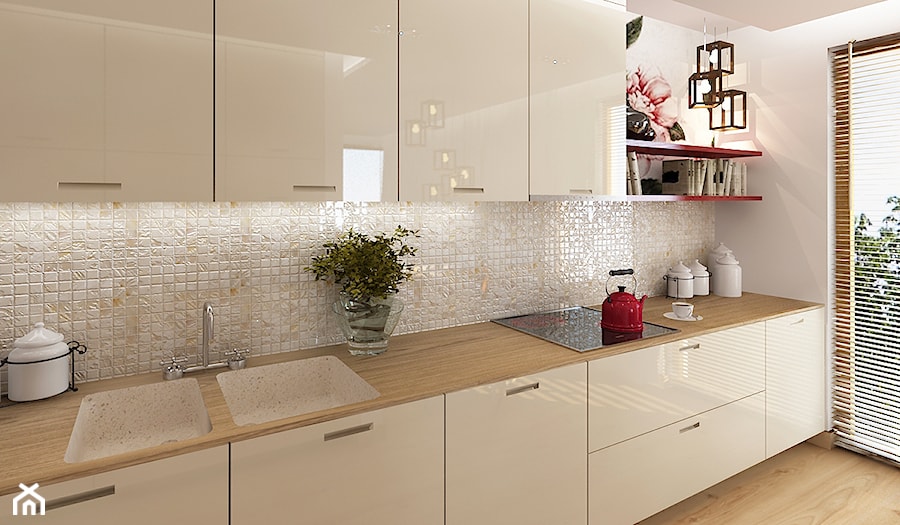 Kuchnie - Średnia beżowa biała z zabudowaną lodówką z podblatowym zlewozmywakiem kuchnia jednorzędowa, styl nowoczesny - zdjęcie od Add Design