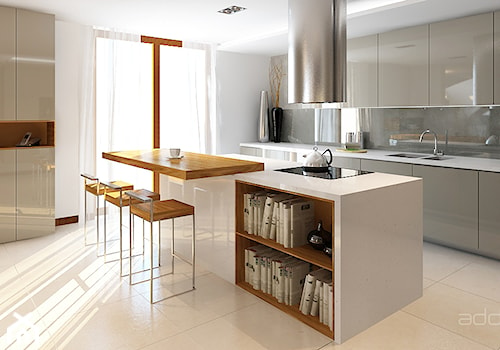 Kuchnie - Średnia z salonem biała szara z zabudowaną lodówką z podblatowym zlewozmywakiem kuchnia d ... - zdjęcie od Add Design