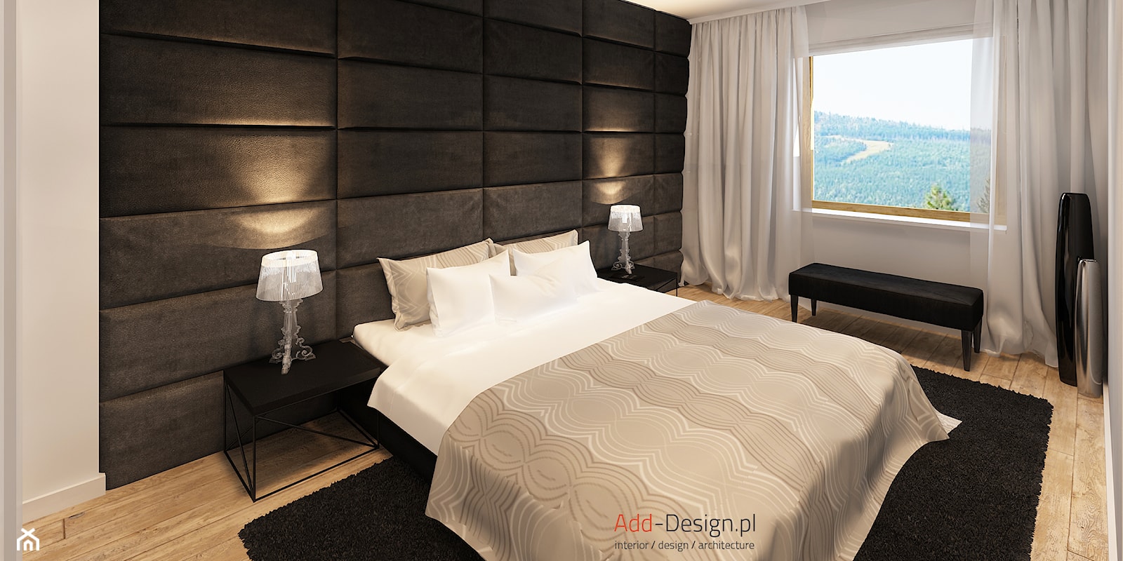 Apartamentowiec w górach, w Szklarskiej Porębie - Duża biała z panelami tapicerowanymi sypialnia, styl nowoczesny - zdjęcie od Add Design - Homebook