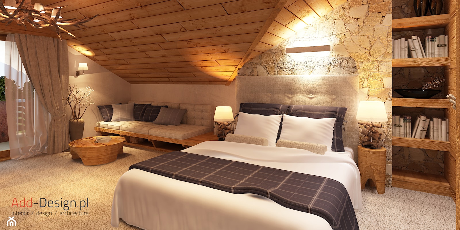 Apartamentowiec w górach, w Szklarskiej Porębie - Duża beżowa sypialnia na poddaszu z balkonem / tarasem, styl nowoczesny - zdjęcie od Add Design - Homebook