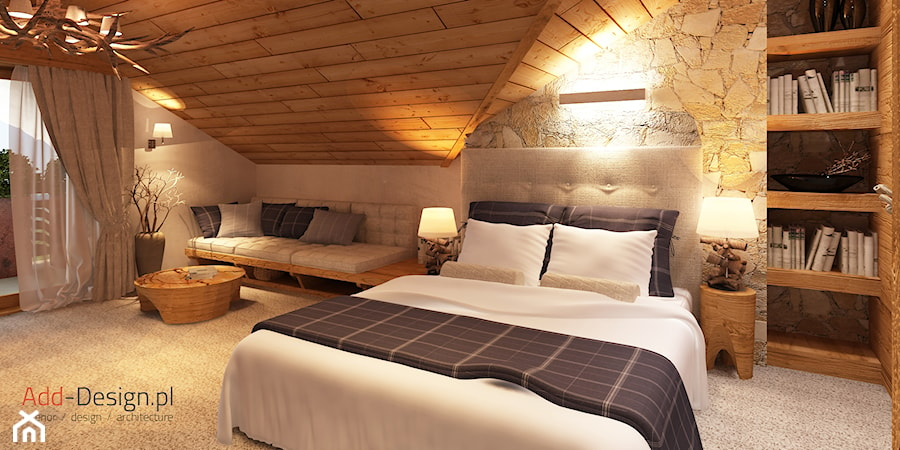 Apartamentowiec w górach, w Szklarskiej Porębie - Duża beżowa sypialnia na poddaszu z balkonem / tarasem, styl nowoczesny - zdjęcie od Add Design