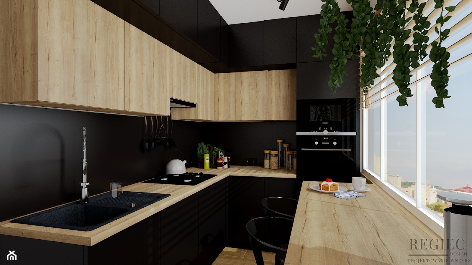 Kuchnia czerń i drewno - zdjęcie od Aleksandra Regiec - projektowanie wnętrz - Homebook
