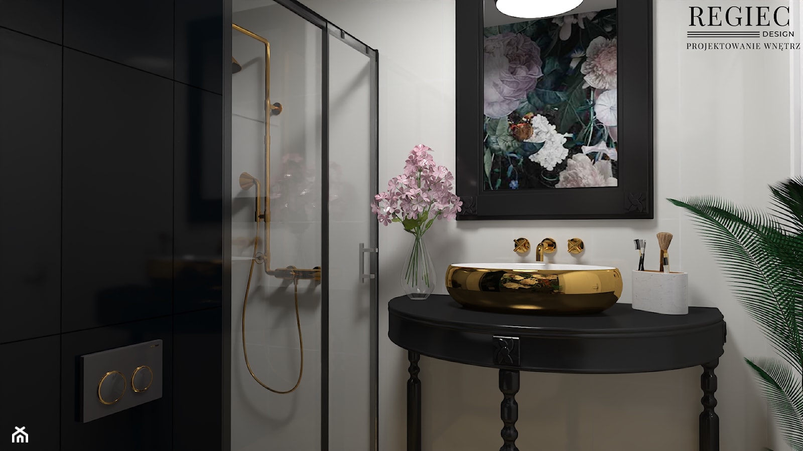 Czarna łazienka z tapetą - zdjęcie od Aleksandra Regiec - projektowanie wnętrz - Homebook
