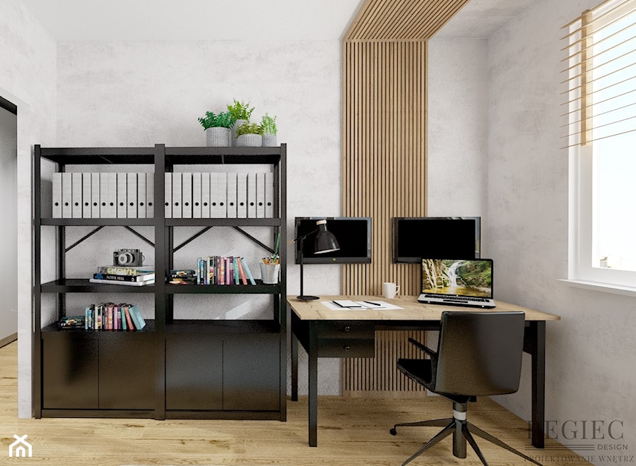 Biuro lamelki drewniane - zdjęcie od Aleksandra Regiec - projektowanie wnętrz