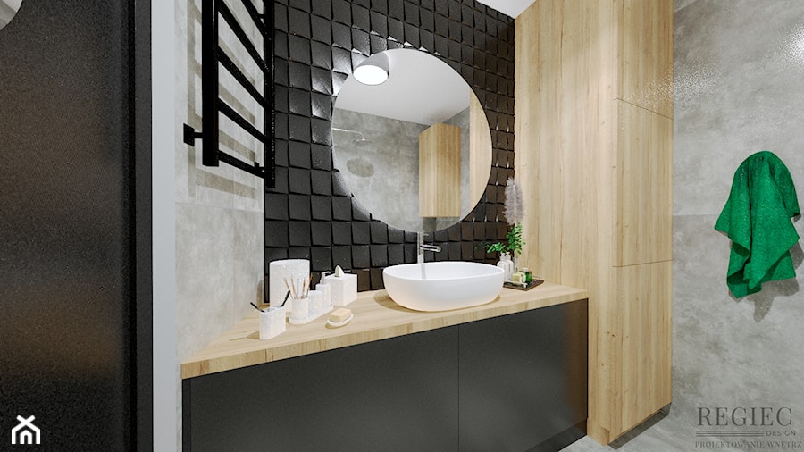 łazienka czarno drewniana z płytkami Incana Atlantic - zdjęcie od Aleksandra Regiec - projektowanie wnętrz