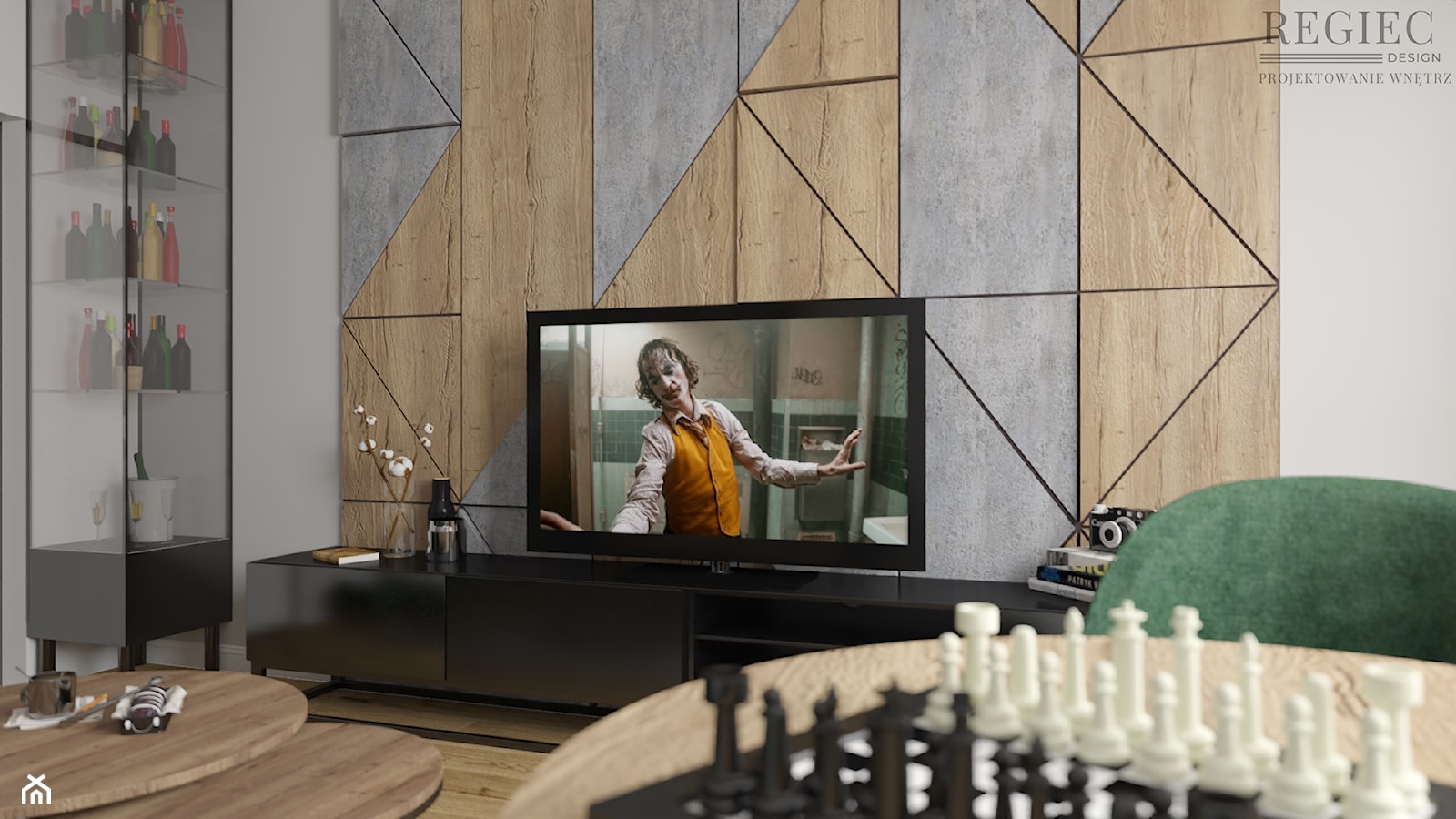 Salon - ściana TV z płyty meblowej - zdjęcie od Aleksandra Regiec - projektowanie wnętrz - Homebook