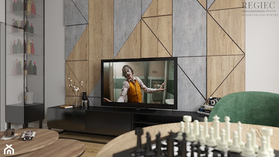 Salon - ściana TV z płyty meblowej - zdjęcie od Aleksandra Regiec - projektowanie wnętrz
