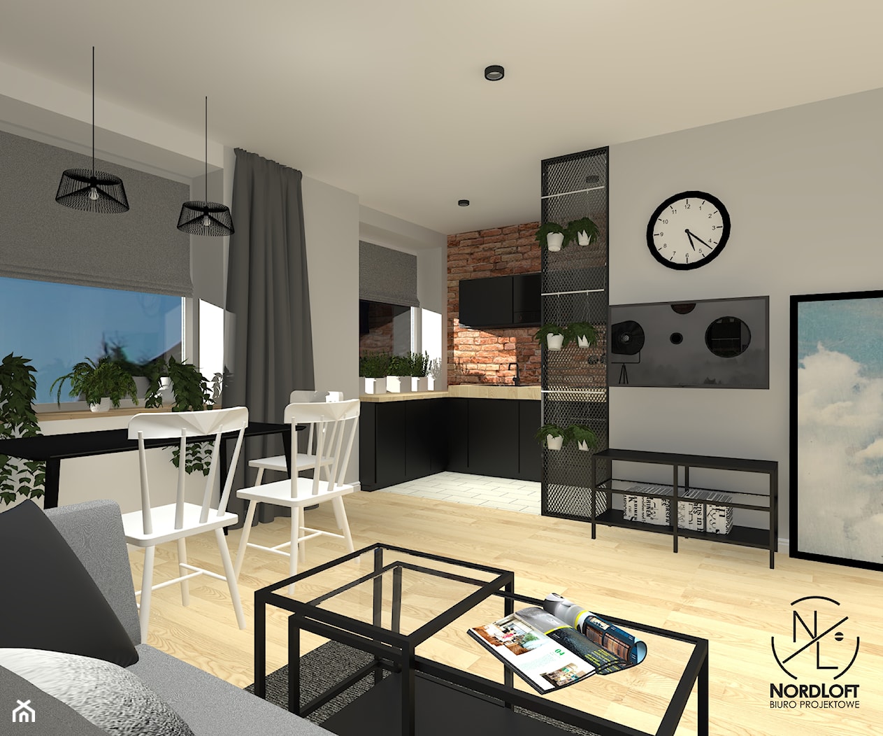 Mieszkanie dla rodziny 2+1 - Średni szary salon z kuchnią z jadalnią, styl industrialny - zdjęcie od Kropka i Kreska - Homebook