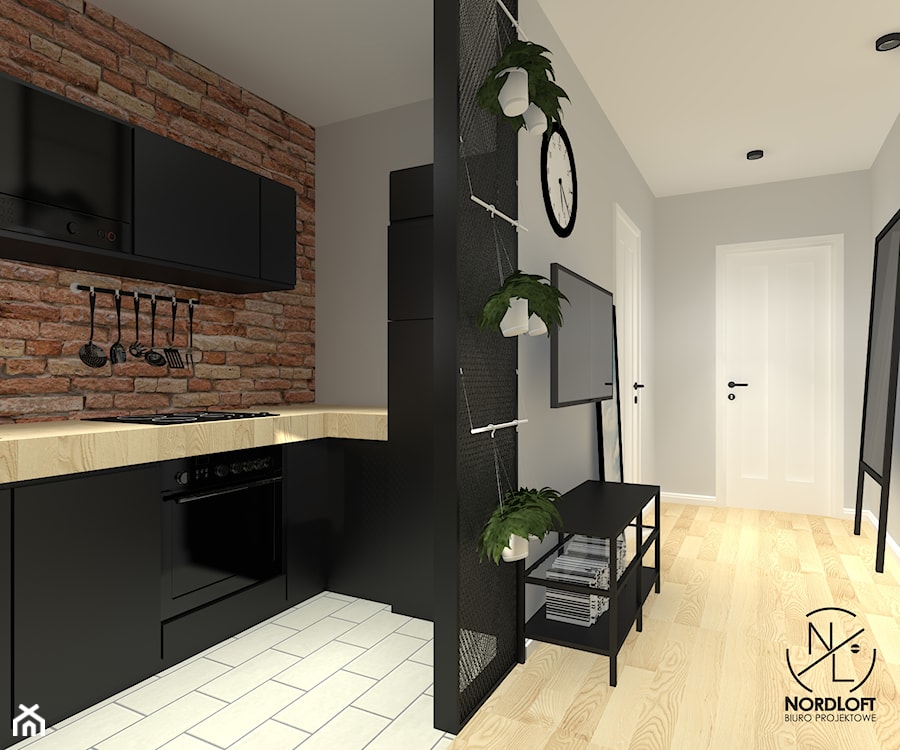 Mieszkanie dla rodziny 2+1 - Średnia otwarta szara z zabudowaną lodówką kuchnia w kształcie litery l, styl industrialny - zdjęcie od Kropka i Kreska