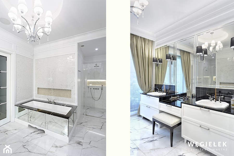 Apartament Morskie Oko - Duża jako pokój kąpielowy z lustrem z dwoma umywalkami z marmurową podłogą z punktowym oświetleniem łazienka z oknem, styl tradycyjny - zdjęcie od Węgiełek Architekci Wnętrz
