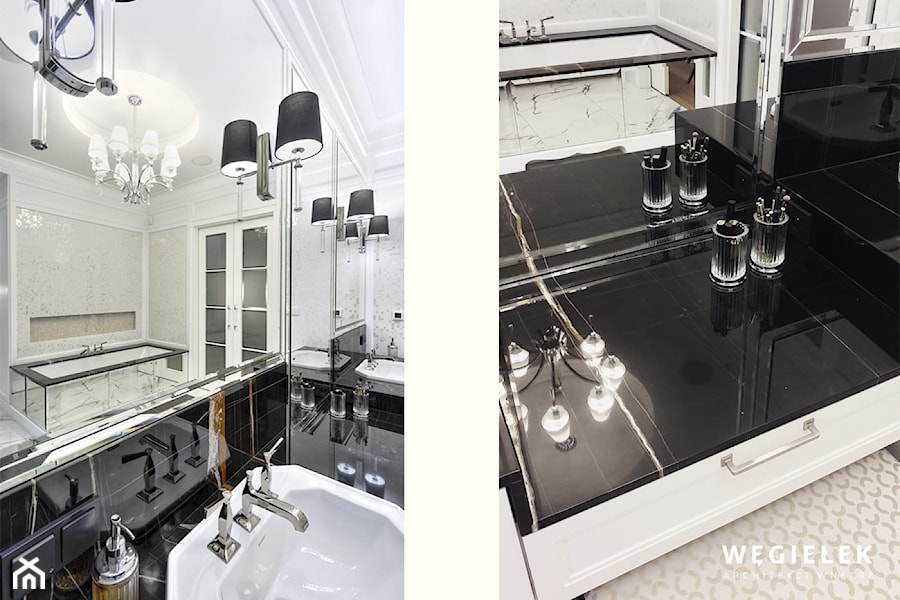 Apartament Morskie Oko - Średnia bez okna z lustrem z marmurową podłogą łazienka, styl tradycyjny - zdjęcie od Węgiełek Architekci Wnętrz
