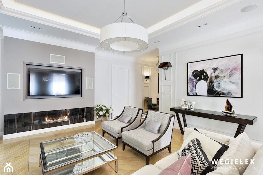 Apartament Morskie Oko - Średni biały szary salon, styl tradycyjny - zdjęcie od Węgiełek Architekci Wnętrz