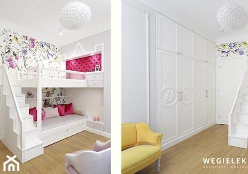 Apartament Morskie Oko - Mały biały różowy pokój dziecka dla nastolatka dla dziewczynki, styl glamour - zdjęcie od Węgiełek Architekci Wnętrz