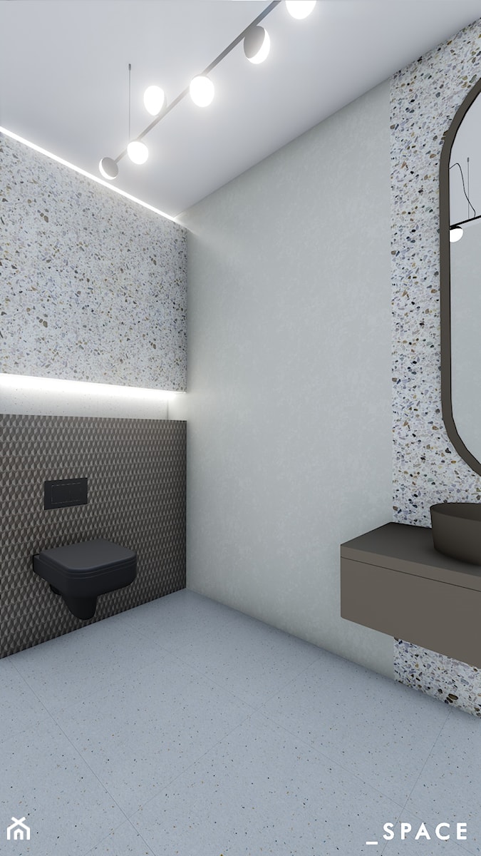 TOALETA TERRAZZO ZIELEŃ VS BRĄZ - Średnia bez okna z lustrem z punktowym oświetleniem łazienka - zdjęcie od _space architects