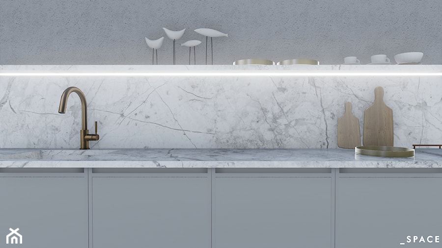 DOM POD GDAŃSKIEM - Z kamiennym blatem z podblatowym zlewozmywakiem kuchnia z marmurem nad blatem kuchennym - zdjęcie od _space architects