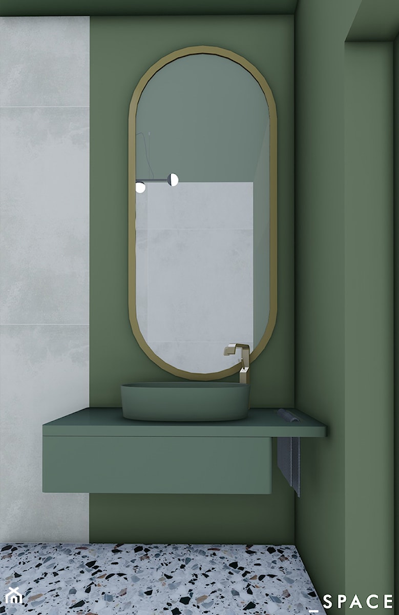 TOALETA TERRAZZO ZIELEŃ VS BRĄZ - Mała bez okna z lustrem z marmurową podłogą łazienka - zdjęcie od _space architects