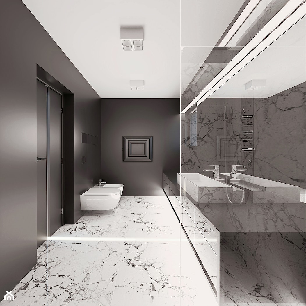 ŁAZIENKA- marlove - Duża z lustrem z marmurową podłogą z punktowym oświetleniem łazienka z oknem, styl minimalistyczny - zdjęcie od BAJON.DESIGN Studio projektowania wnętrz - Homebook