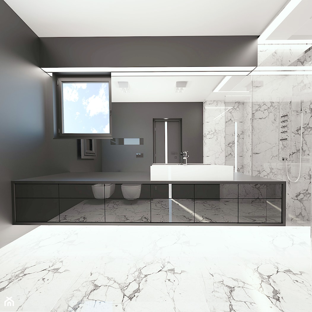 ŁAZIENKA- marlove - Duża z lustrem z marmurową podłogą z punktowym oświetleniem łazienka z oknem, styl minimalistyczny - zdjęcie od BAJON.DESIGN Studio projektowania wnętrz - Homebook