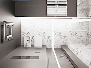 ŁAZIENKA- marlove - Mała z lustrem z marmurową podłogą łazienka z oknem, styl minimalistyczny - zdjęcie od BAJON.DESIGN Studio projektowania wnętrz
