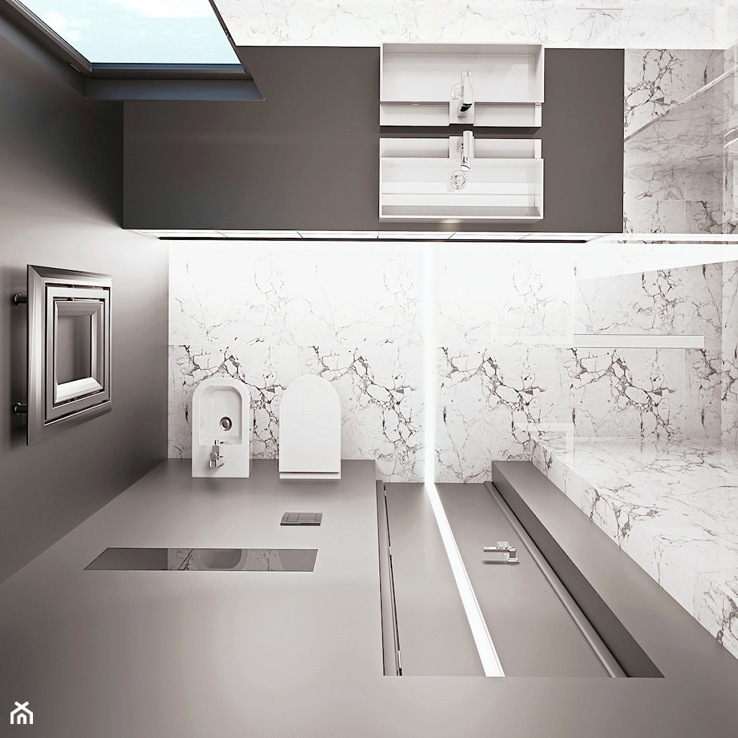 ŁAZIENKA- marlove - Mała z lustrem z marmurową podłogą łazienka z oknem, styl minimalistyczny - zdjęcie od BAJON.DESIGN Studio projektowania wnętrz - Homebook