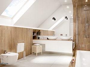 łazienka #3 // Pietrzykowice - Średnia na poddaszu z lustrem z dwoma umywalkami z punktowym oświetleniem łazienka z oknem, styl skandynawski - zdjęcie od KMwnętrza