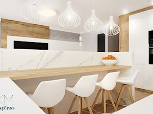 mieszkanie #2 // Wrocław - Średnia otwarta z salonem biała z zabudowaną lodówką kuchnia w kształcie litery g z marmurem nad blatem kuchennym, styl skandynawski - zdjęcie od KMwnętrza