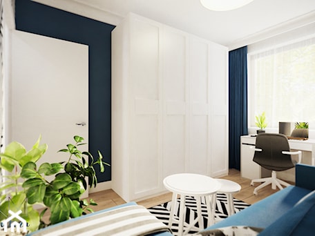 Aranżacje wnętrz - Biuro: mieszkanie #2 // Wrocław - Średnie z sofą białe czarne niebieskie biuro, styl nowoczesny - KMwnętrza. Przeglądaj, dodawaj i zapisuj najlepsze zdjęcia, pomysły i inspiracje designerskie. W bazie mamy już prawie milion fotografii!