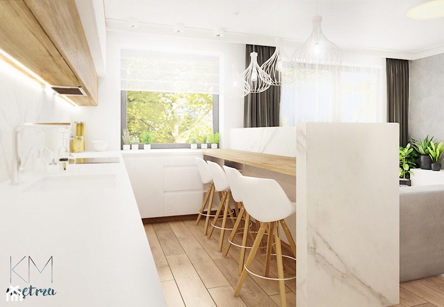 mieszkanie #2 // Wrocław - Średnia otwarta z salonem z kamiennym blatem biała z zabudowaną lodówką z podblatowym zlewozmywakiem kuchnia dwurzędowa z oknem, styl skandynawski - zdjęcie od KMwnętrza