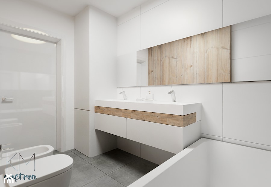 łazienka // biel, szarość, drewno - zdjęcie od KMwnętrza