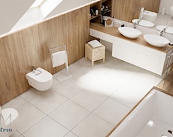 łazienka #3 // Pietrzykowice - Średnia na poddaszu z dwoma umywalkami łazienka z oknem, styl skandy ... - zdjęcie od KMwnętrza - Homebook