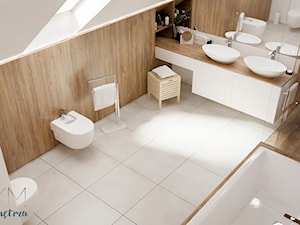 łazienka #3 // Pietrzykowice - Średnia na poddaszu z dwoma umywalkami łazienka z oknem, styl skandynawski - zdjęcie od KMwnętrza
