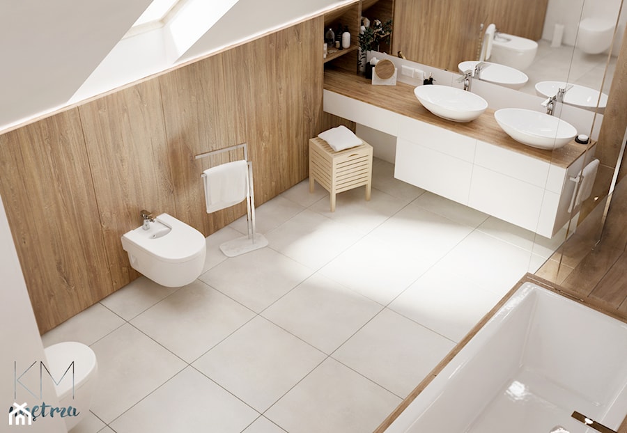 łazienka #3 // Pietrzykowice - Średnia na poddaszu z dwoma umywalkami łazienka z oknem, styl skandynawski - zdjęcie od KMwnętrza