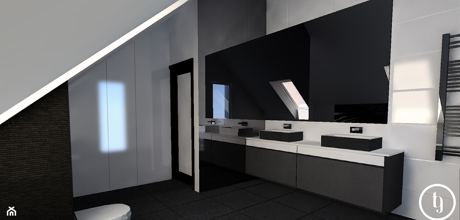 czarno biała łazienka na poddaszu - zdjęcie od Henschke.design - Homebook