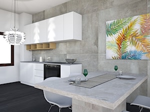 Salon + kuchnia - Średnia otwarta z kamiennym blatem szara z zabudowaną lodówką kuchnia jednorzędowa z oknem, styl nowoczesny - zdjęcie od NN Design