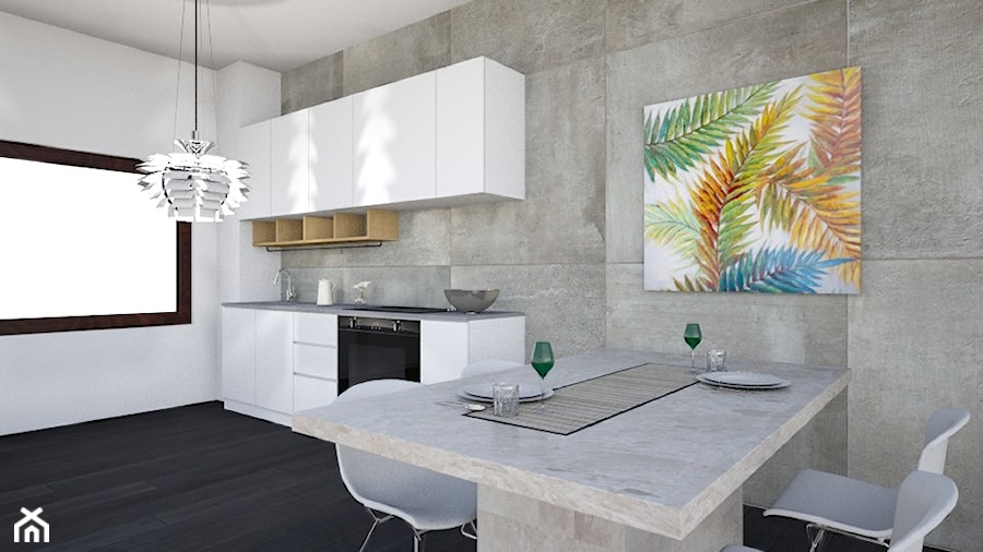 Salon + kuchnia - Średnia otwarta z kamiennym blatem szara z zabudowaną lodówką kuchnia jednorzędowa z oknem, styl nowoczesny - zdjęcie od NN Design