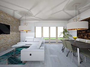 Przestronny salon z kominkiem - Duża biała jadalnia w salonie, styl nowoczesny - zdjęcie od NN Design