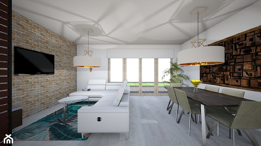 Przestronny salon z kominkiem - Duża biała jadalnia w salonie, styl nowoczesny - zdjęcie od NN Design