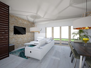 Przestronny salon z kominkiem - Duża beżowa biała jadalnia w salonie, styl nowoczesny - zdjęcie od NN Design