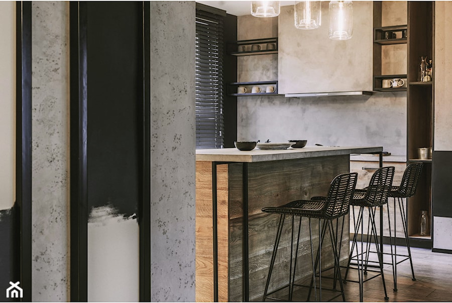 Troomono - Średnia otwarta z salonem z kamiennym blatem szara z zabudowaną lodówką kuchnia w kształcie litery l z oknem z marmurem nad blatem kuchennym, styl nowoczesny - zdjęcie od ARCYDOM