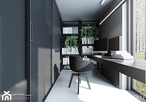 Projekt domu / Sztokholm - Małe w osobnym pomieszczeniu z zabudowanym biurkiem szare biuro, styl minimalistyczny - zdjęcie od Merapi Architects